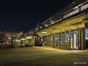 夜晚時分駁二藝術特區建築外牆掛滿金色燈串，呈現溫馨的街道景觀。