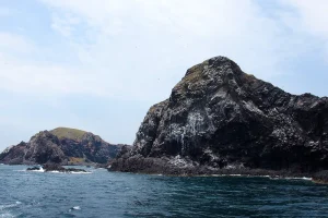 貓嶼，雙峰陡岩峭壁矗立海面，海蝕平台延伸於浪花拍打的海岸
