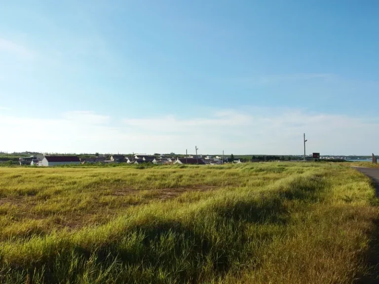 二崁草原，遼闊的綠草地後方錯落聚落建築與藍天