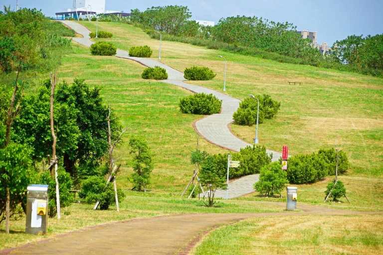 臺北市內湖復育園區，綠草緩坡上蜿蜒的步道與點綴的灌木叢