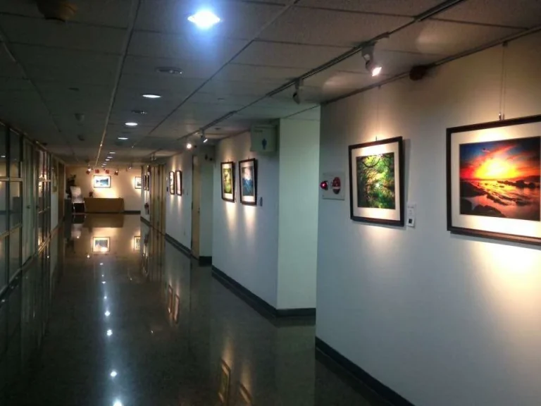 中油藝廊，明亮走廊牆面懸掛多幅攝影作品的展覽空間