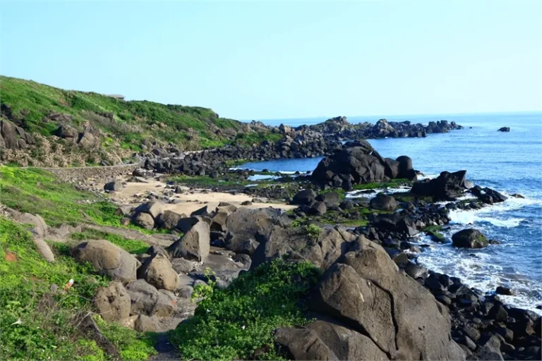 麟山鼻遊憩區海岸，黑色風稜石散布於綠草坡與礁岩之間，浪花拍打湛藍海面