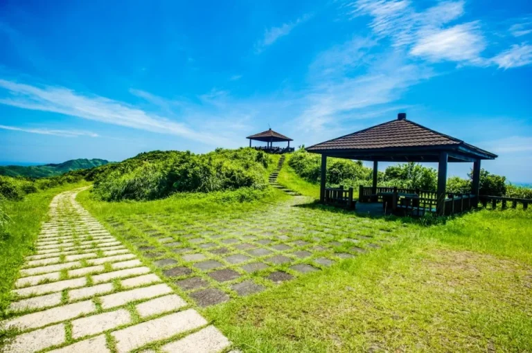 龍洞灣岬步道，草坡上石板路蜿蜒通往涼亭，藍天白雲遼闊