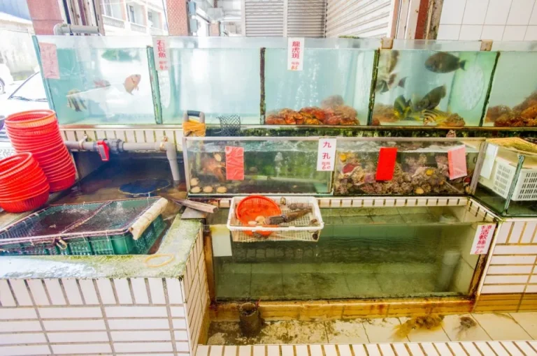 澳底海鮮街，店家門口排列著盛滿活海鮮的玻璃水族箱與紅色塑膠籃